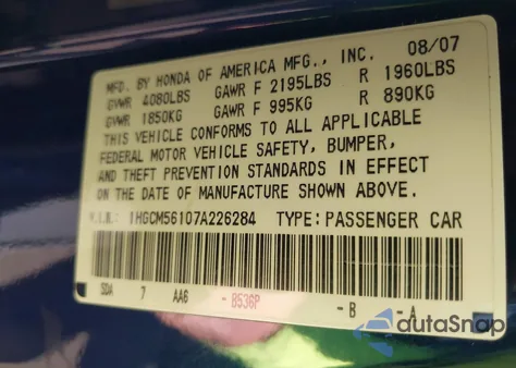 2007 Honda Accord 2.4 Vp from USA, damaged, VIN 1HGCM56107A226284